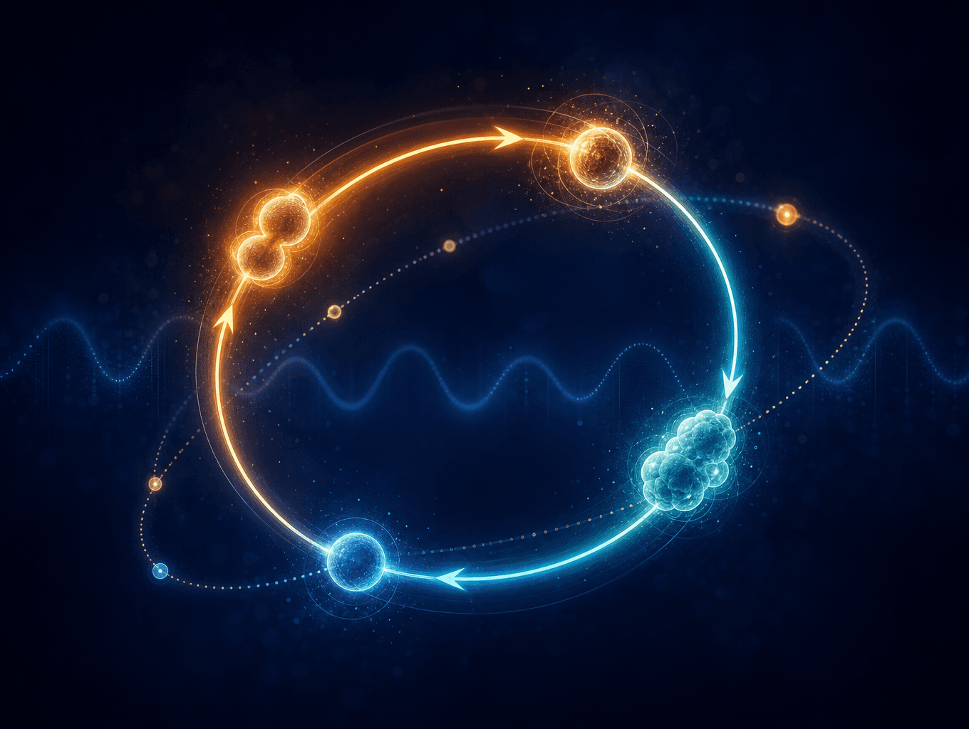 Abstract illustration of a self-sustaining molecular feedback loop with glowing orbital nodes transitioning from warm amber through cool teal-blue, with a secondary stabilizing loop, on a deep navy background.