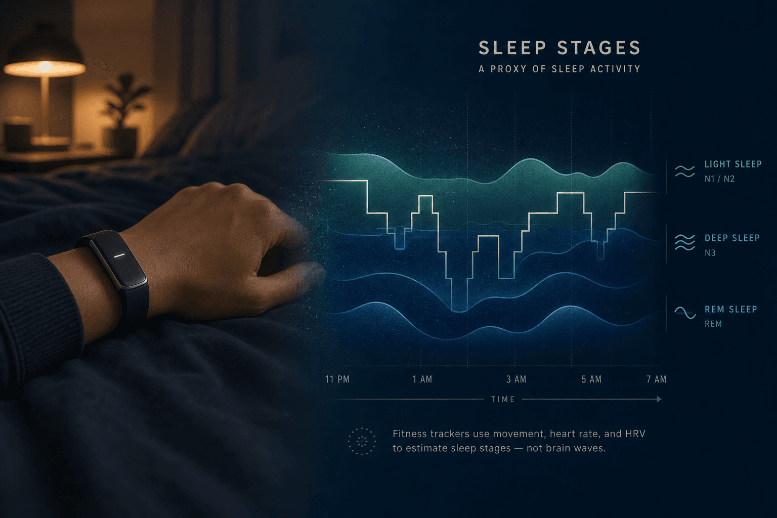 Split-frame illustration showing a wrist with a fitness tracker on dark bedsheets alongside an abstract hypnogram visualization of sleep stages in teal and navy