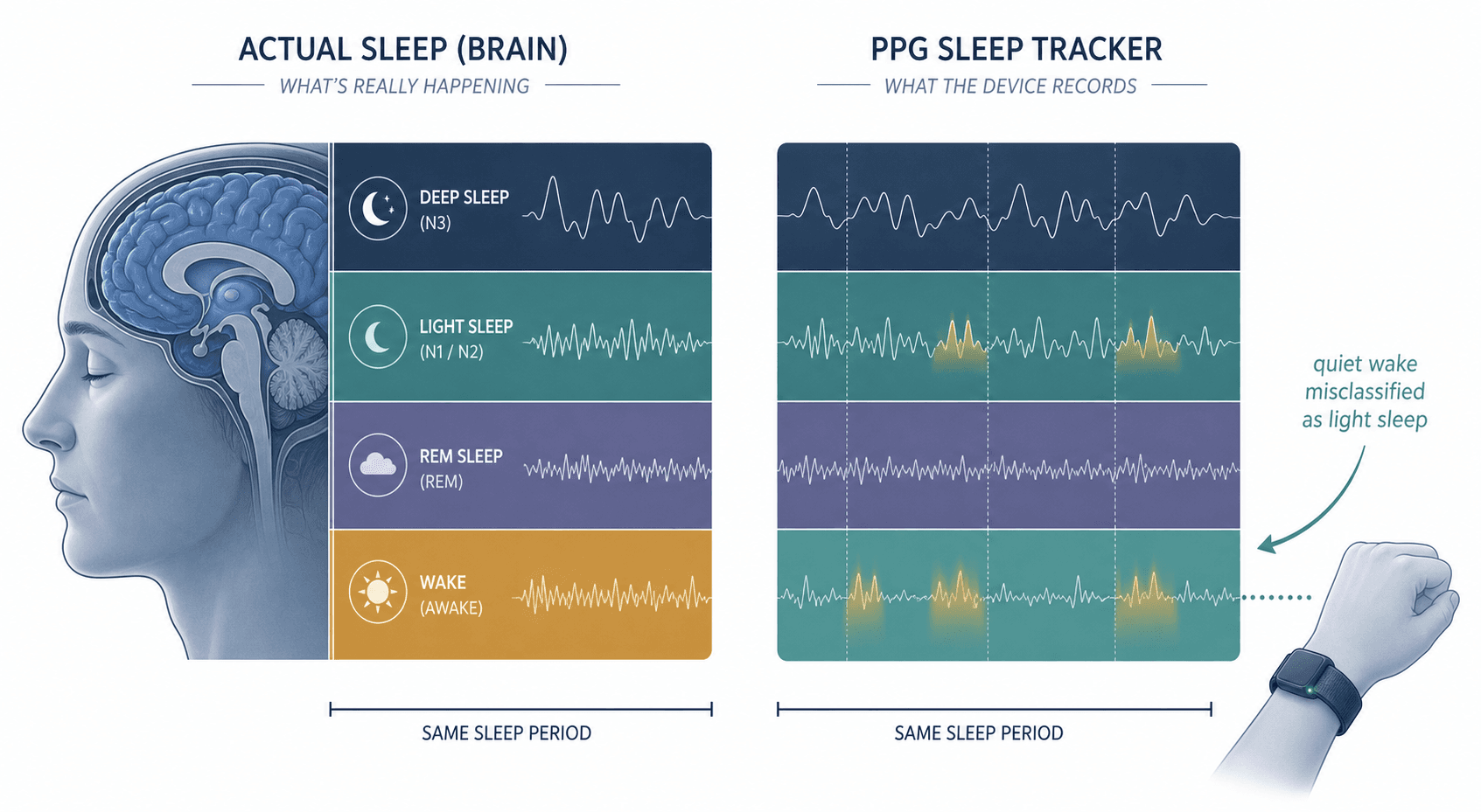 A comparison of sleep stage data from EEG polysomnography versus a PPG wearable, showing wake periods misclassified as light sleep.