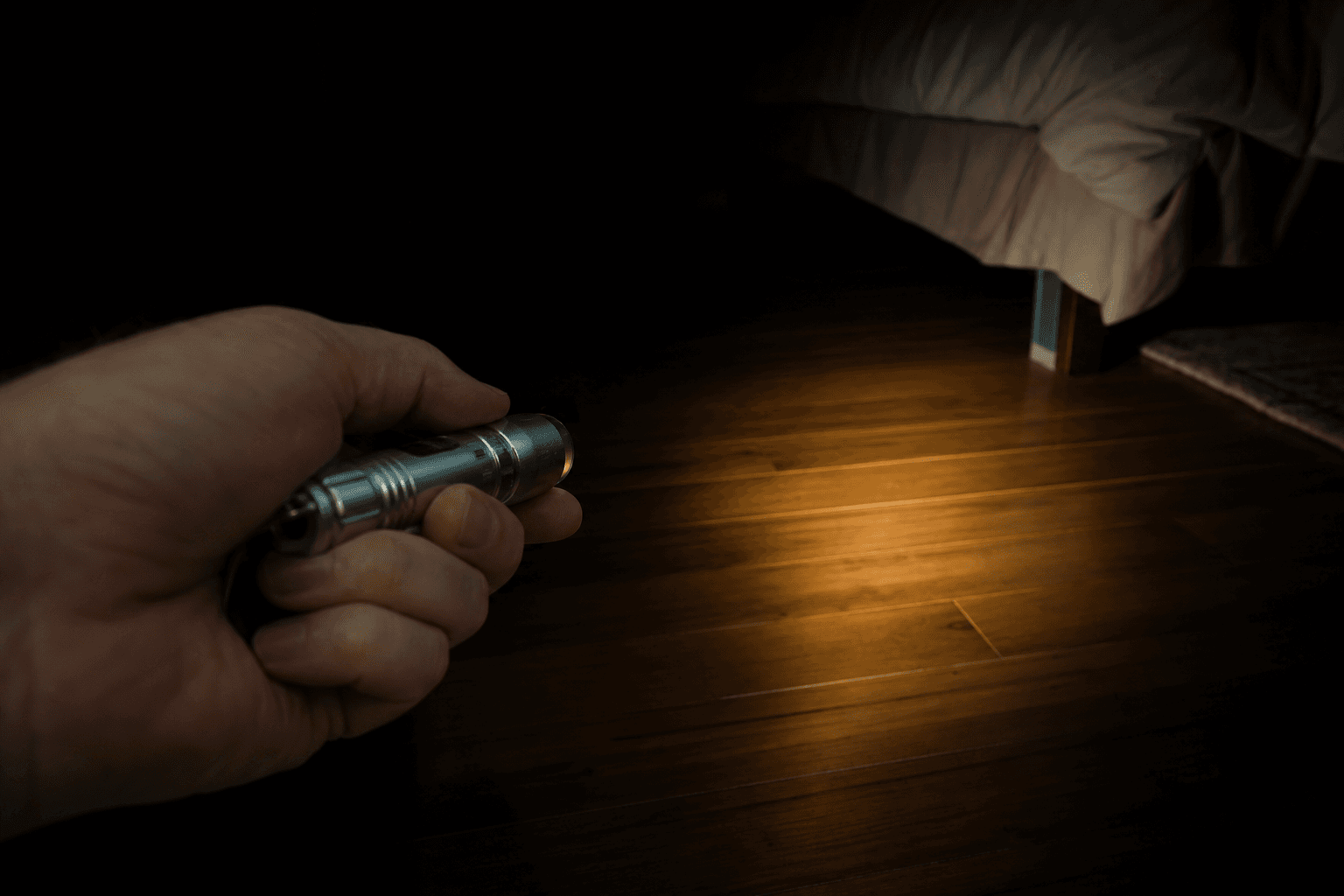 A close-up in near-total darkness of a hand holding a small silver flashlight, its narrow warm beam illuminating a section of wooden bedroom floor and the foot of a bed.