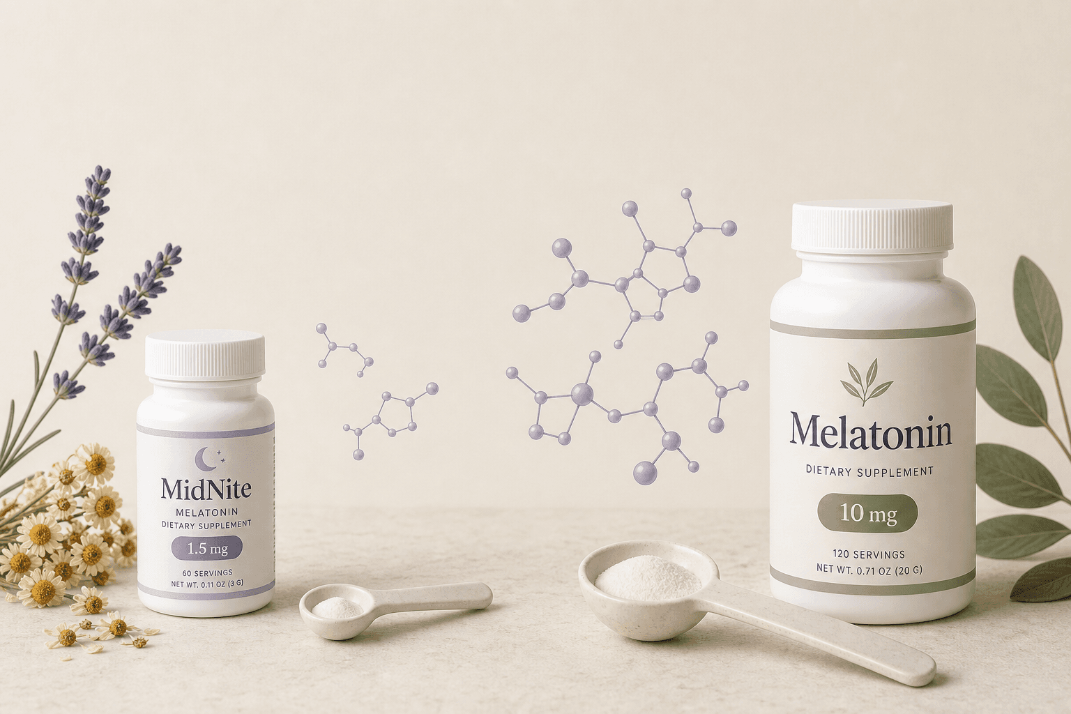 A flat-lay editorial still life with a small MidNite supplement bottle and tiny measuring spoon with a 1.5 mg dose on the left, a larger melatonin bottle and big spoon with a 10 mg dose on the right, dried chamomile and lavender beside the MidNite bottle, and floating melatonin molecule icons above each side, in soft lavender, sage green, cream, and amber tones.