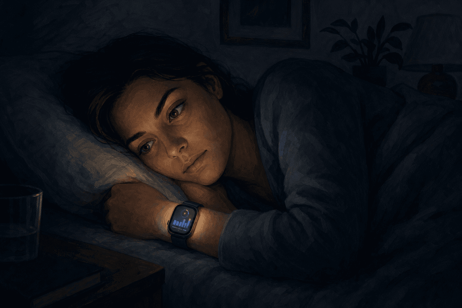 Person lying awake in a dark bedroom with a smartwatch glowing on their wrist, eyes open and alert