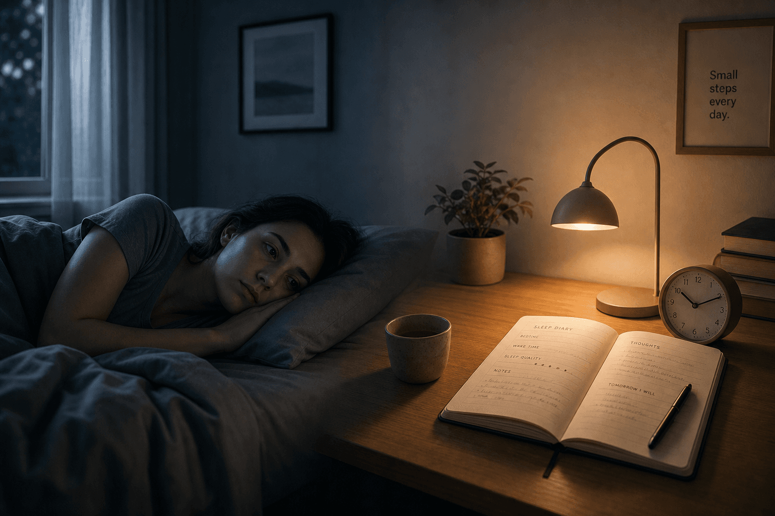 Split composition showing a person lying awake in a dark bedroom on the left, transitioning to a warm desk with an open journal, lamp, and clock on the right — representing the shift from chronic insomnia to structured CBT-I practice.