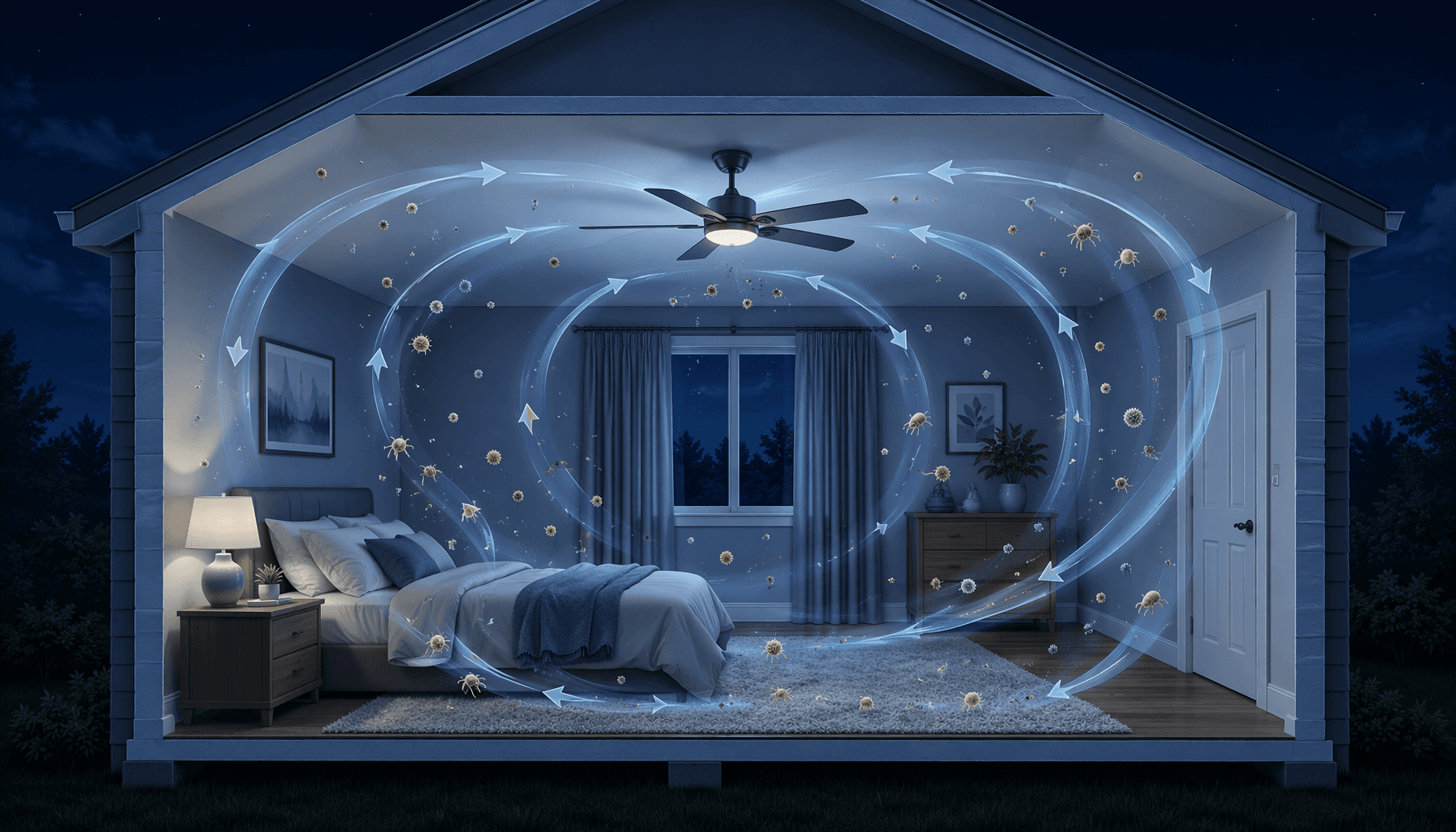 A side-view cross-section editorial illustration of a bedroom at night showing a ceiling fan circulating air in circular patterns with small visible dust and pollen particles being lifted from the bedding, carpet, and curtains into the airflow, all in cool blue and muted grey tones.