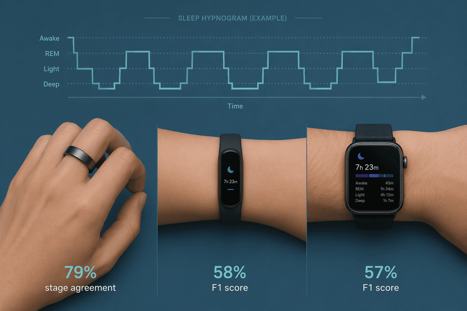 Three wearable form factors arranged horizontally on a muted blue-teal background: a smart ring on a finger, a slim fitness band on a wrist, and a smartwatch on a wrist, with a subtle hypnogram wave silhouette above and accuracy percentage labels below each device