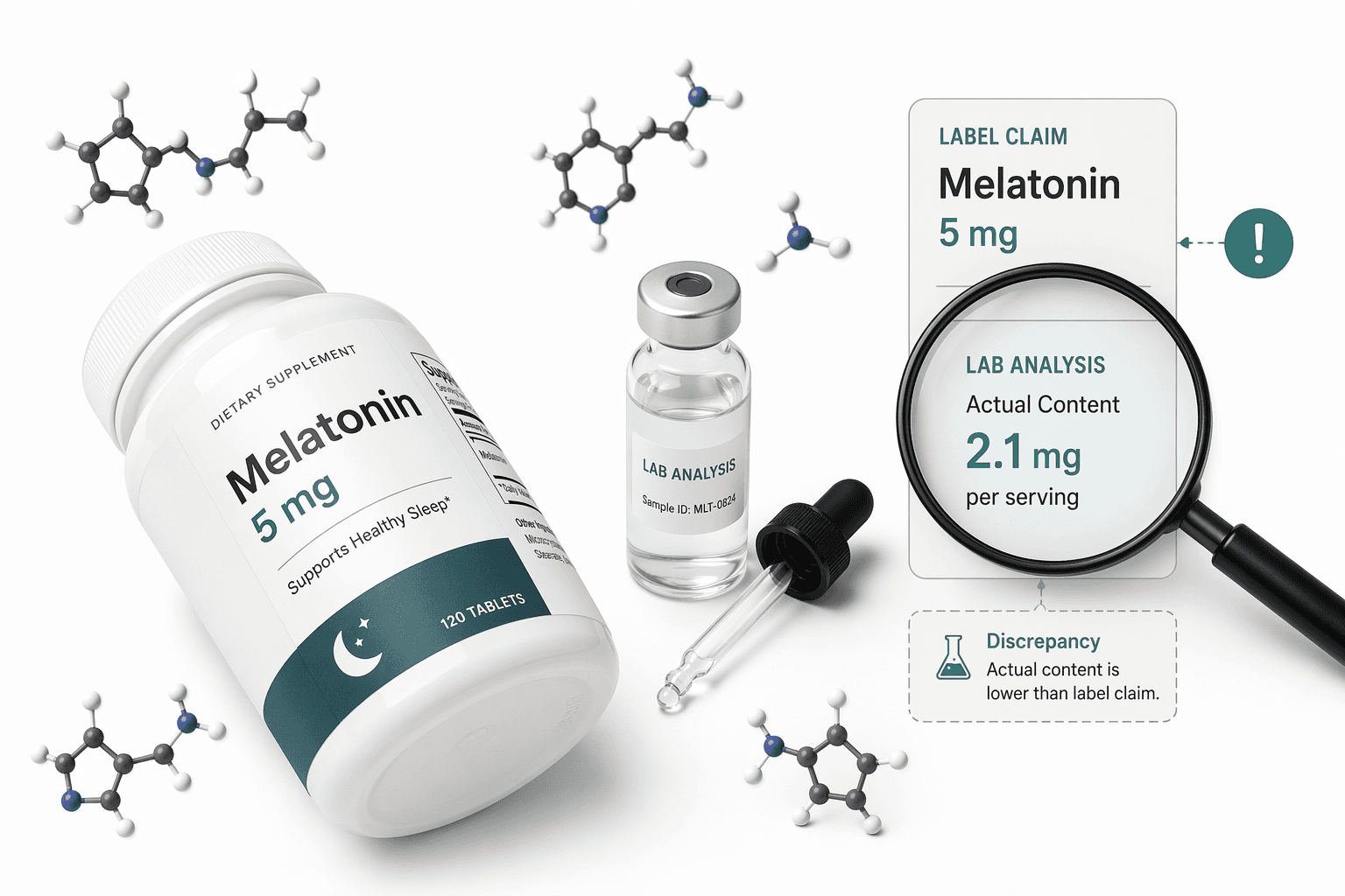 A clean editorial flat-lay of a generic supplement bottle lying on its side with a 'Melatonin 5 mg' label, beside a small laboratory vial with a dropper and a magnifying glass icon floating above highlighting a content discrepancy, on a white background with soft gray shadows and scattered melatonin molecule icons.