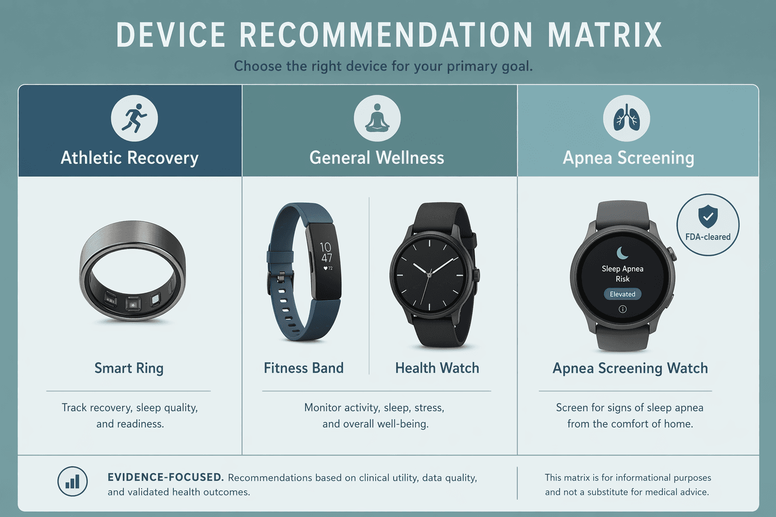 A three-column decision matrix infographic on a muted teal background mapping device types to sleep goals: a ring icon under 'Athletic Recovery', a wristband and watch icon under 'General Wellness', and a watch with 'FDA-cleared' badge under 'Apnea Screening'
