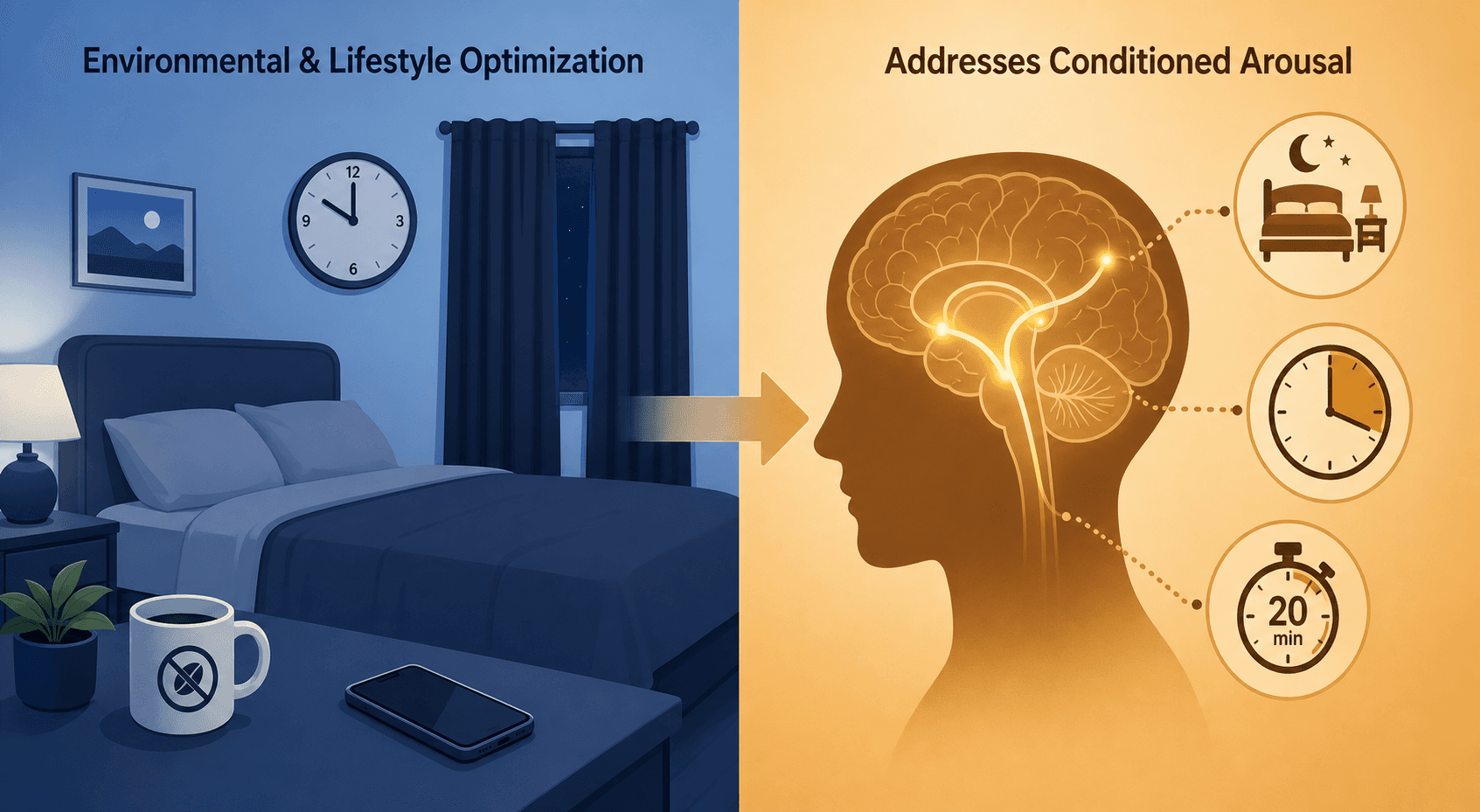 An editorial illustration split into two halves. The left side labeled 'Sleep Hygiene' shows a calm bedroom scene with blackout curtains, a consistent clock, no caffeine, and a phone placed away. The right side labeled 'CBT-I' shows a brain silhouette with calm neural pathways, surrounded by abstract symbols for stimulus control, sleep restriction, and a timer representing the 20-minute rule.