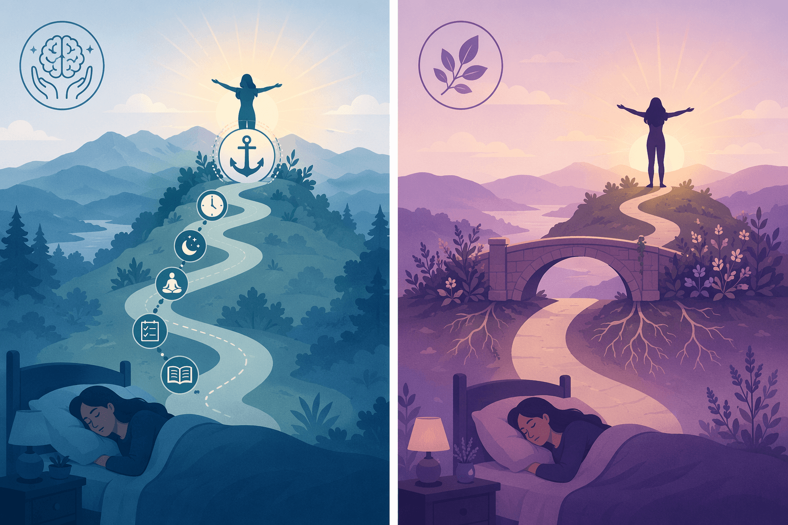 A two-panel editorial comparison illustration. The left panel in cool blue tones shows a path from a bed to a sunrise with a lasting anchor icon, representing CBT-I building long-term skills. The right panel in warm purple-pink tones shows a path from a bed to a sunrise with a supporting bridge, representing HRT addressing root causes.
