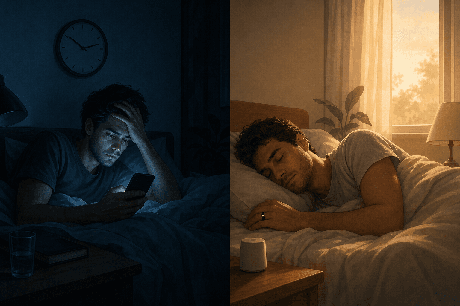 Split-composition editorial illustration of a bedroom. Left side shows a restless person looking at a glowing smartphone at night under cool dark blue light. Right side shows the same bedroom with a person sleeping peacefully, a smart ring on their finger and a bedside device, with warm amber morning light through the window.