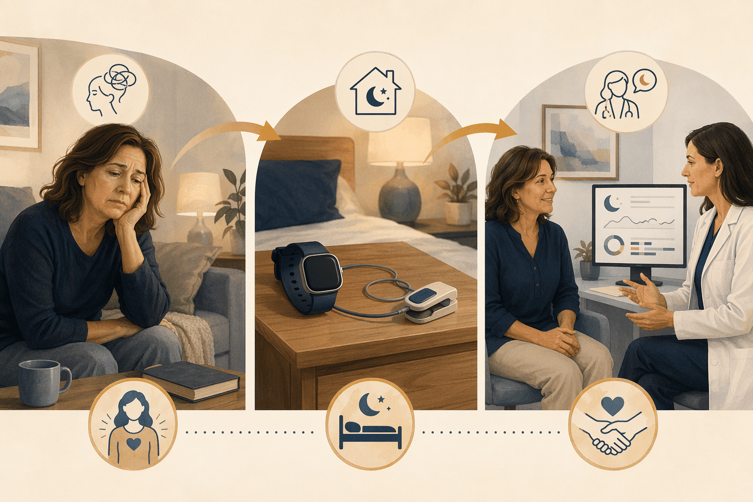 A three-step diagnostic pathway illustration showing a tired midlife woman at home on the left, a home sleep study device (watch-style monitor and pulse oximeter) on a bedside table in the middle, and a woman consulting with a doctor in a calm medical office on the right, with arrows connecting each step.