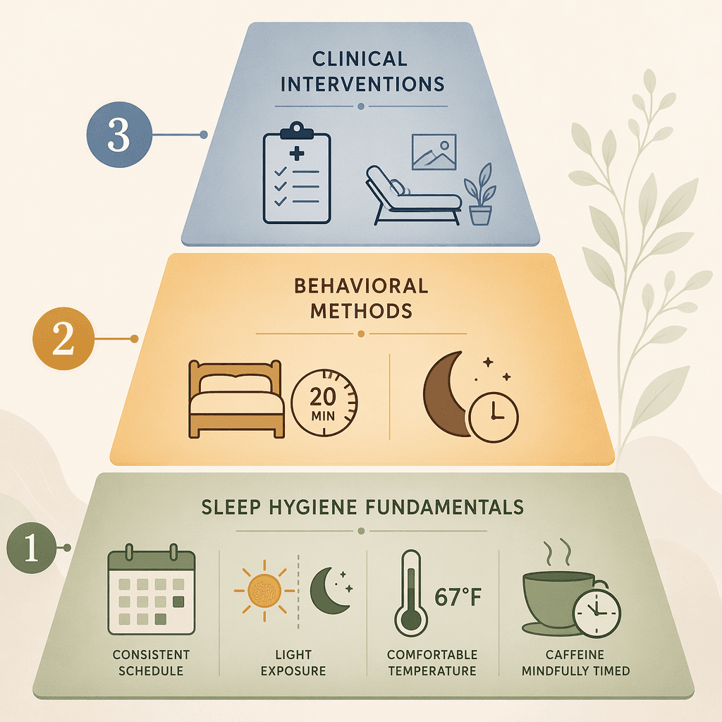 A three-tier evidence hierarchy pyramid infographic: bottom tier labeled with icons for schedule, light, temperature, and caffeine (sleep hygiene); middle tier with bed and timer icons (behavioral methods); top tier with doctor clipboard and therapy couch (clinical interventions).