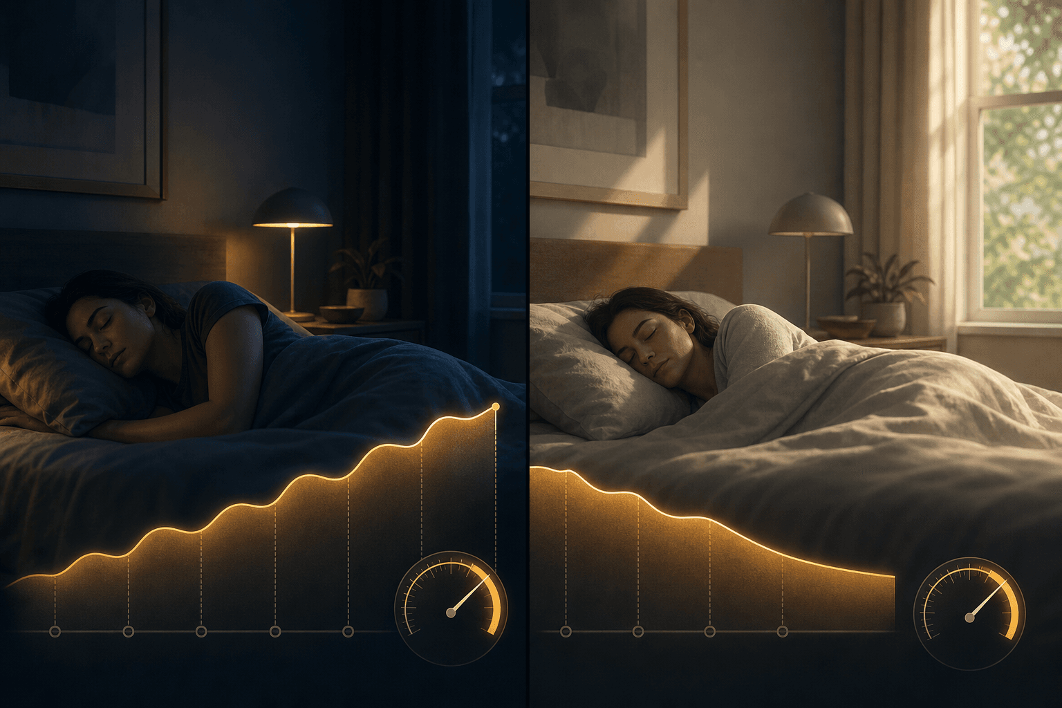 Split-panel illustration showing sleep pressure building across weekdays on the left and only partially clearing during weekend recovery sleep on the right.