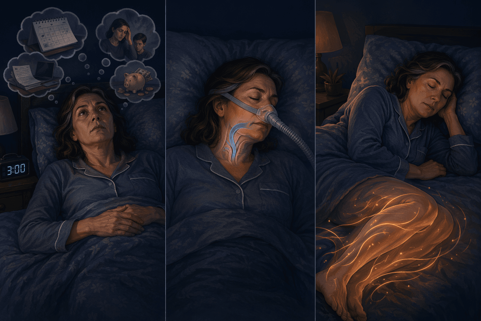 A three-panel triptych editorial illustration comparing three sleep conditions. Left panel shows a woman lying awake with a clock at 3:00 AM and thought bubbles for insomnia. Middle panel shows a woman sleeping with subtle blue airflow restriction around the throat for sleep apnea. Right panel shows a woman sleeping with warm glowing swirls around her legs for restless legs syndrome.