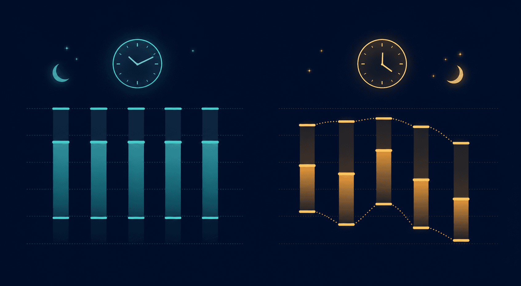 A split editorial illustration comparing regular versus irregular sleep patterns. The left side shows neatly aligned teal bars representing consistent bed and wake times across days. The right side shows scattered amber bars at varying heights representing erratic sleep timing, with dotted lines highlighting the variability.
