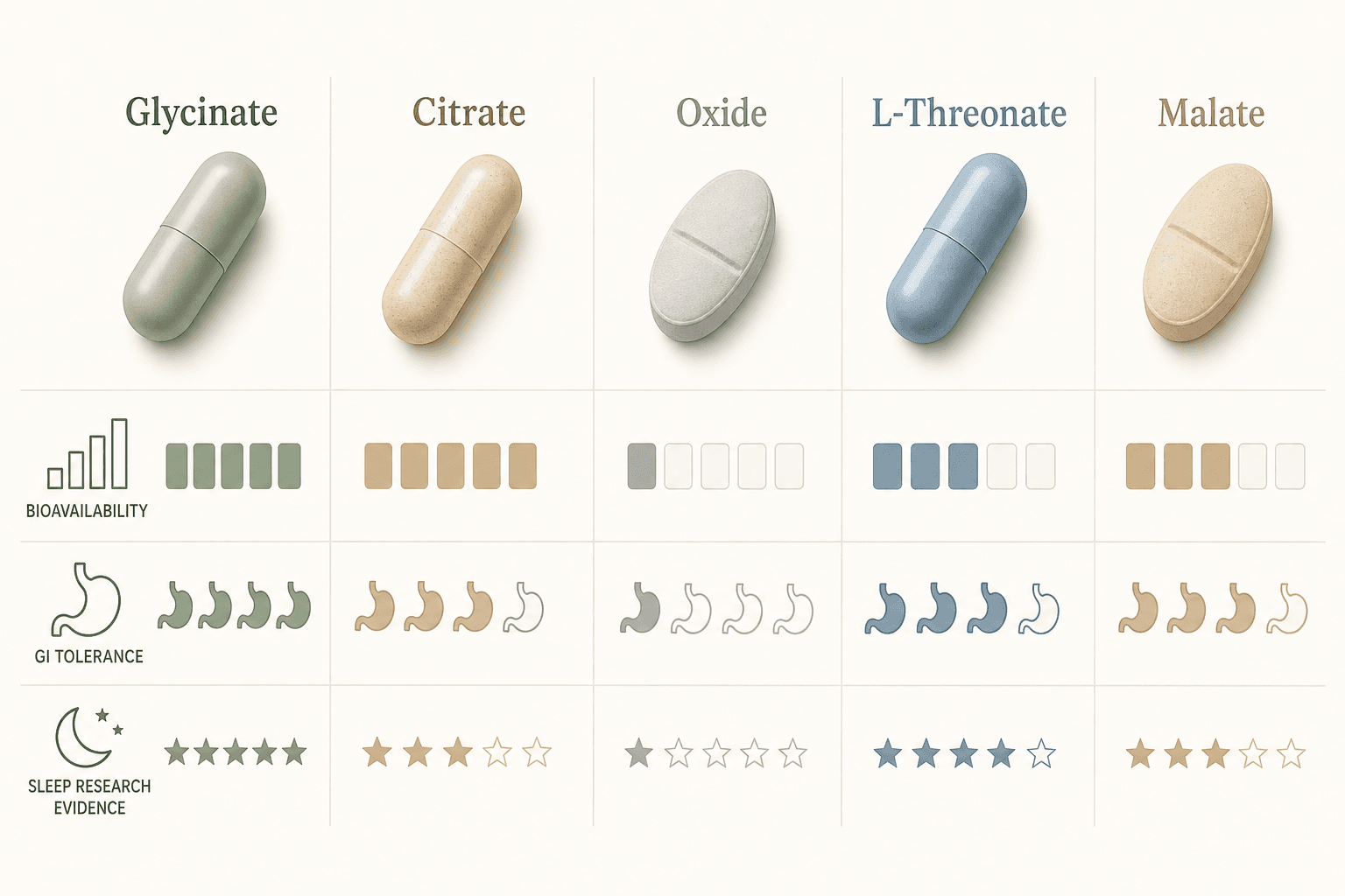 Editorial comparison of five magnesium supplement forms — Glycinate, Citrate, Oxide, L-Threonate, and Malate — with bar indicators for bioavailability, GI tolerance, and sleep research evidence.