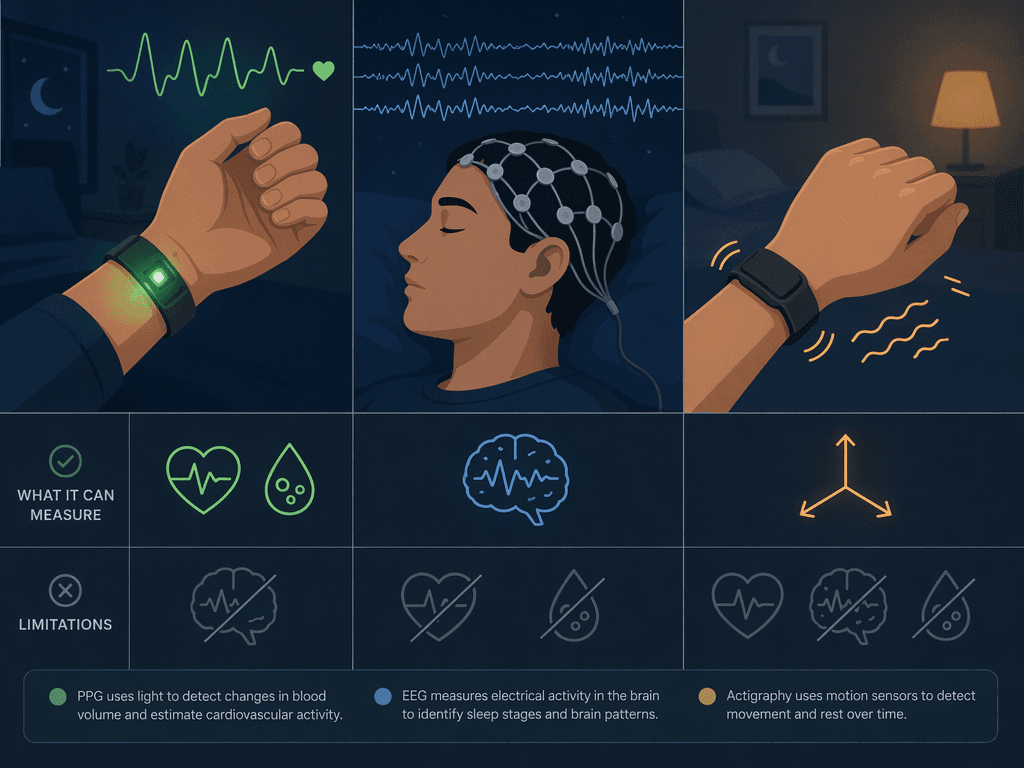 A flat vector illustration comparing three sleep sensor technologies: PPG shown as a wrist with green LED light, EEG shown as a head with brainwave lines, and actigraphy shown as motion-squiggle lines.