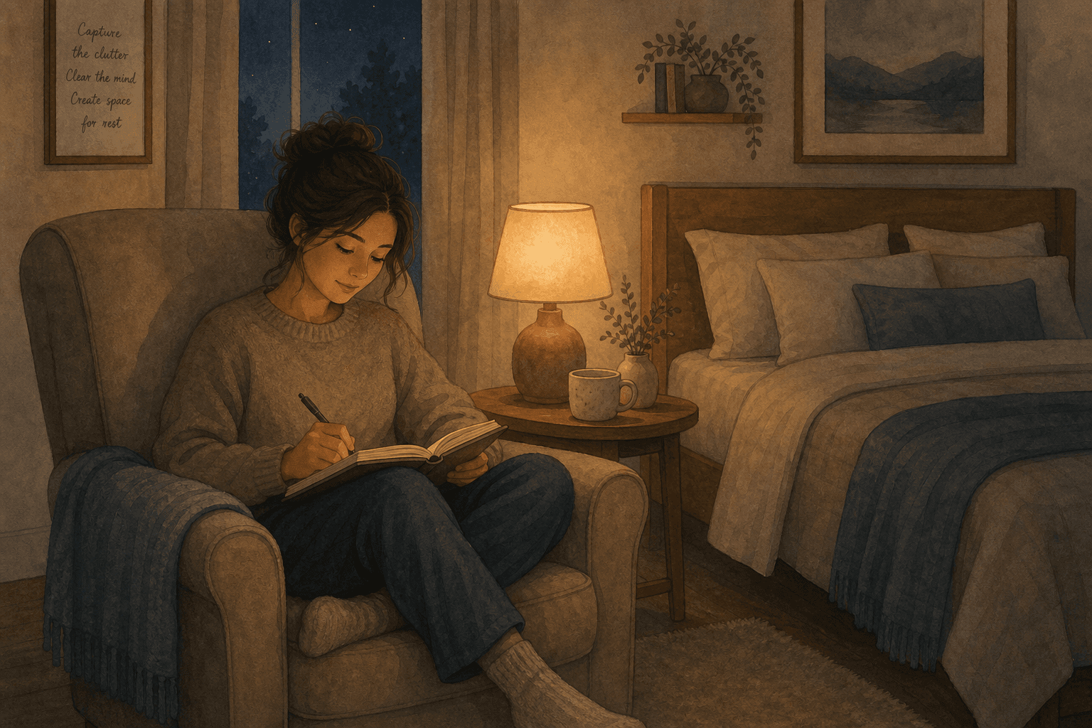 A person sitting in a dimly lit bedroom, writing in a notebook by soft lamplight, with a bed visible in the background.