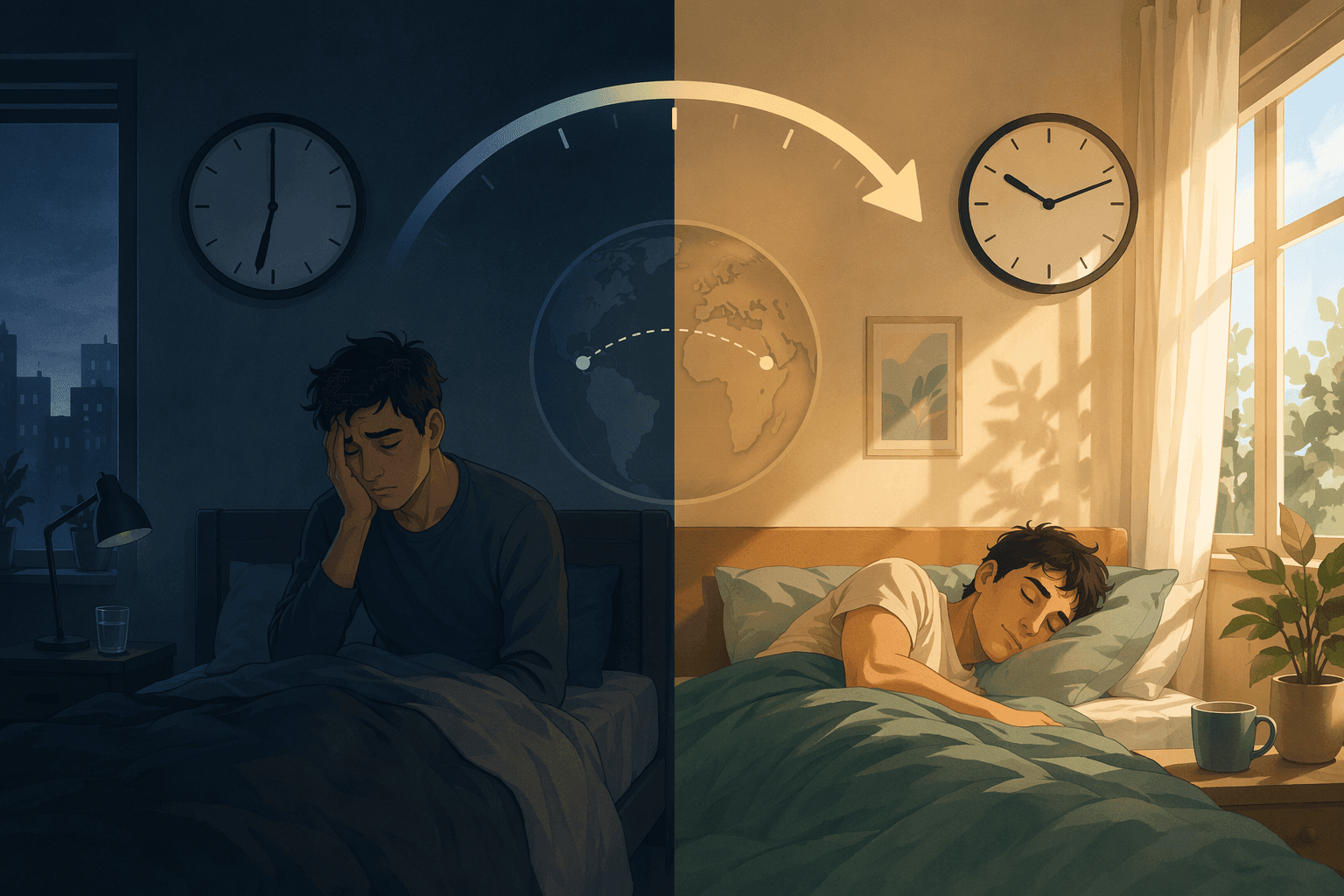 A split editorial illustration depicting social jetlag. The left side shows a weekday morning scene with a person waking early in dim light, looking tired, with a small clock showing an early hour. The right side shows a weekend scene with the same person asleep later as morning sunlight streams in, with a clock showing a much later time.