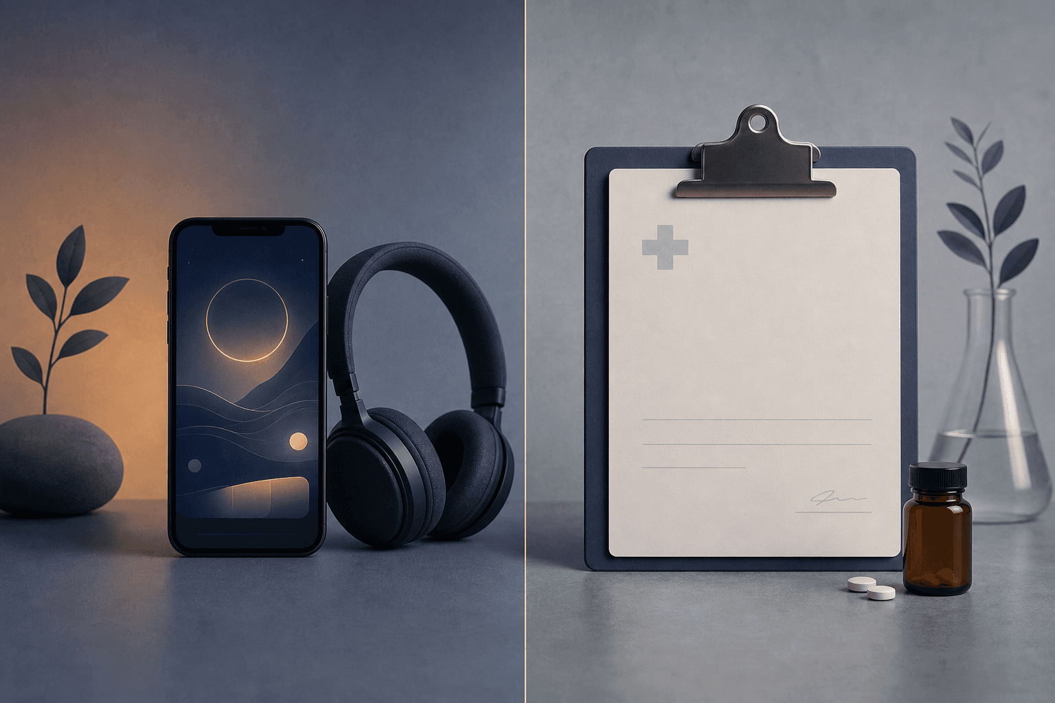 A conceptual editorial split composition showing a smartphone with headphones on the left representing commercial wellness products, and a medical clipboard on the right representing regulated clinical treatments, separated by a subtle dividing gap in muted indigo and amber tones.