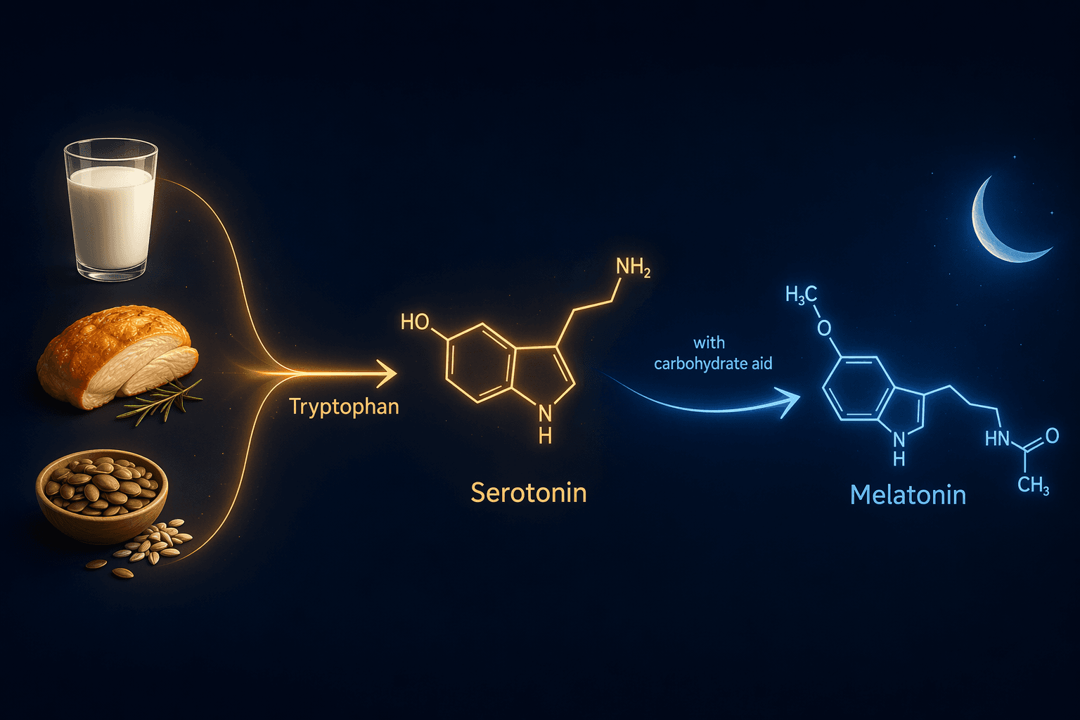 A dark navy editorial diagram showing the tryptophan-to-melatonin biochemical pathway, with food icons on the left (milk, poultry, seeds), an arrow labeled 'Tryptophan' leading to a serotonin molecule icon in the center, and an arrow labeled 'with carbohydrate aid' leading to a melatonin molecule icon on the right.
