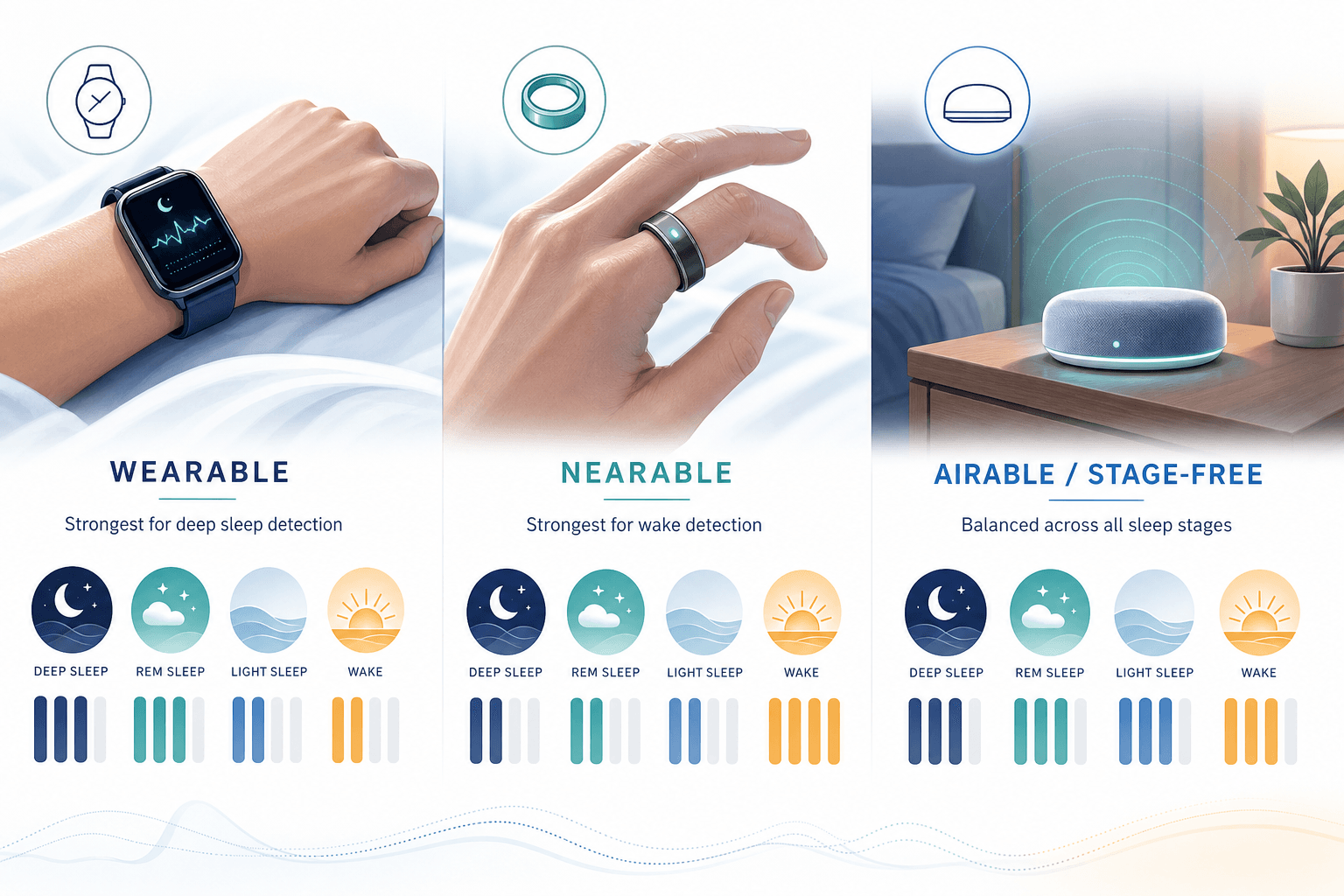 Editorial illustration showing three categories of sleep trackers: a smartwatch on a wrist for wearable, a smart ring on a finger for nearable, and a contact-free bedside device for airable. Small simplified sleep-stage icons below each indicate their different detection strengths across deep sleep, REM, light sleep, and wake stages.