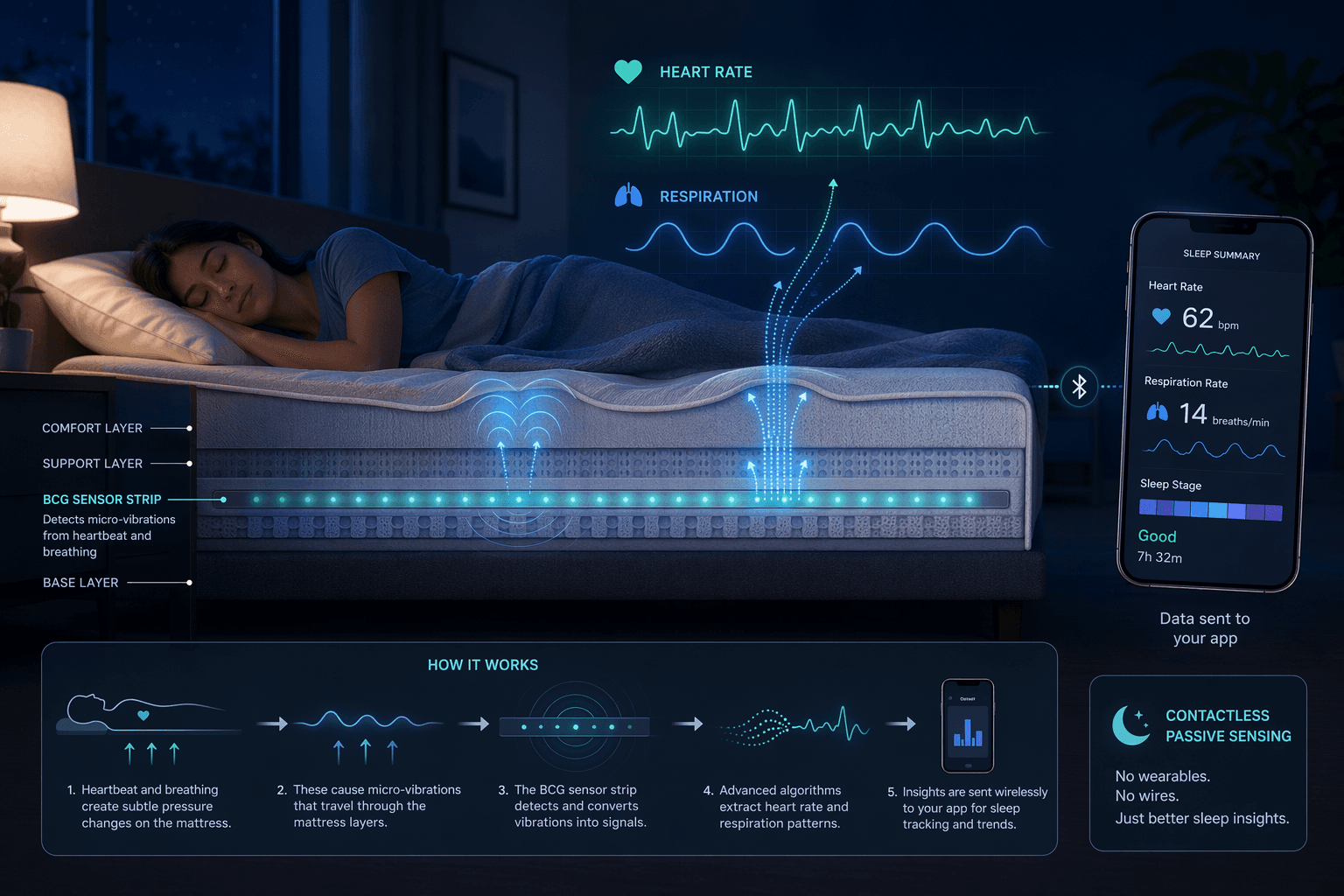 Cross-section diagram of a smart mattress with a person sleeping above it, showing an embedded BCG sensor strip detecting micro-vibrations from heartbeat and breathing, with data streams flowing upward into digital waveform lines and a smartphone displaying health metrics.