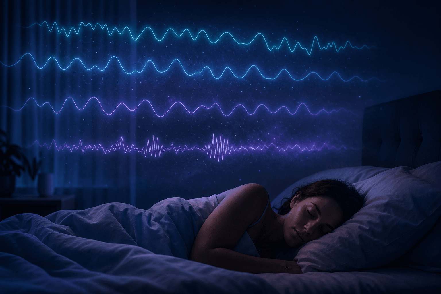 A person sleeping in a dark bedroom with soft indigo lighting, while ethereal glowing cyan and lavender EEG-style brainwave patterns and sleep stage cycles float above them, conveying sleep as a measurable biological process.