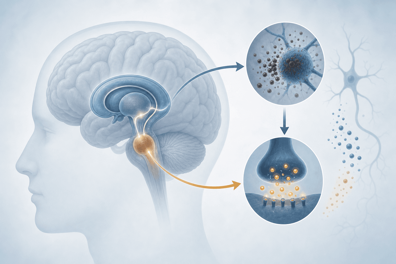Simplified anatomical brain silhouette with basal ganglia and substantia nigra highlighted, showing disrupted signaling between low brain iron and dopamine dysregulation.