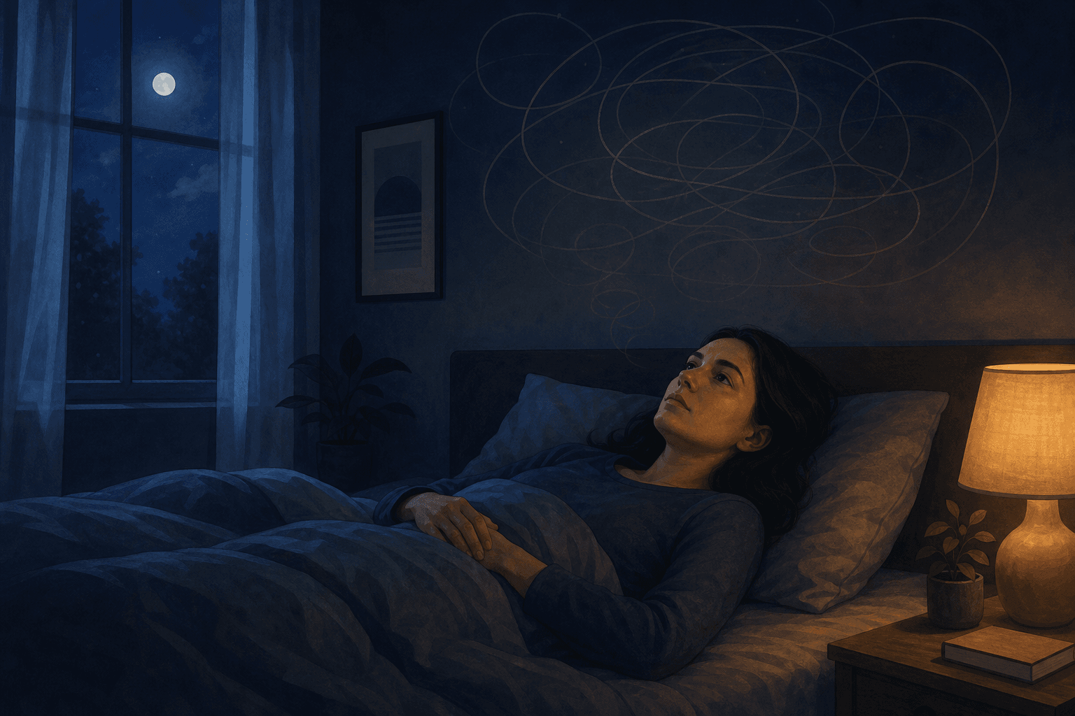 Person lying awake in a darkened bedroom at night, eyes open, with soft blue moonlight and warm amber lamp glow suggesting restless wakefulness.