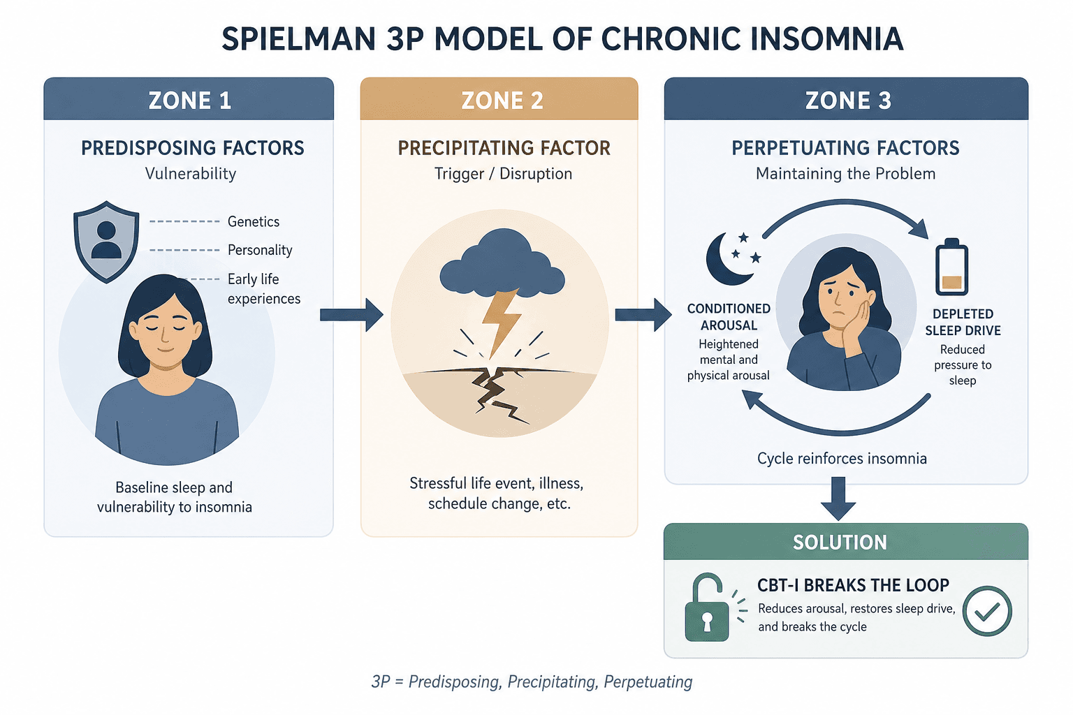 Diagram of the Spielman 3P model showing three zones: predisposing vulnerability, a precipitating trigger event, and perpetuating mechanisms that maintain chronic insomnia, with CBT-I breaking the perpetuating cycle.