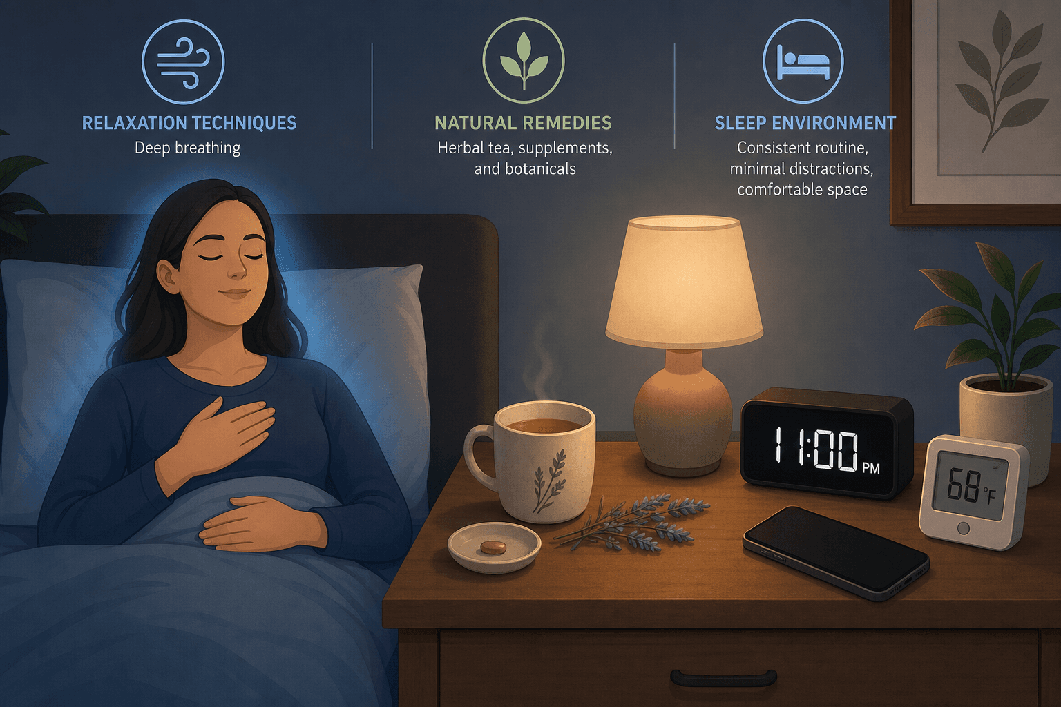 A serene nighttime bedroom scene with a person practicing deep breathing, a nightstand with tea and supplements, a clock showing 11 PM, a face-down smartphone, and a thermostat set to 68°F.