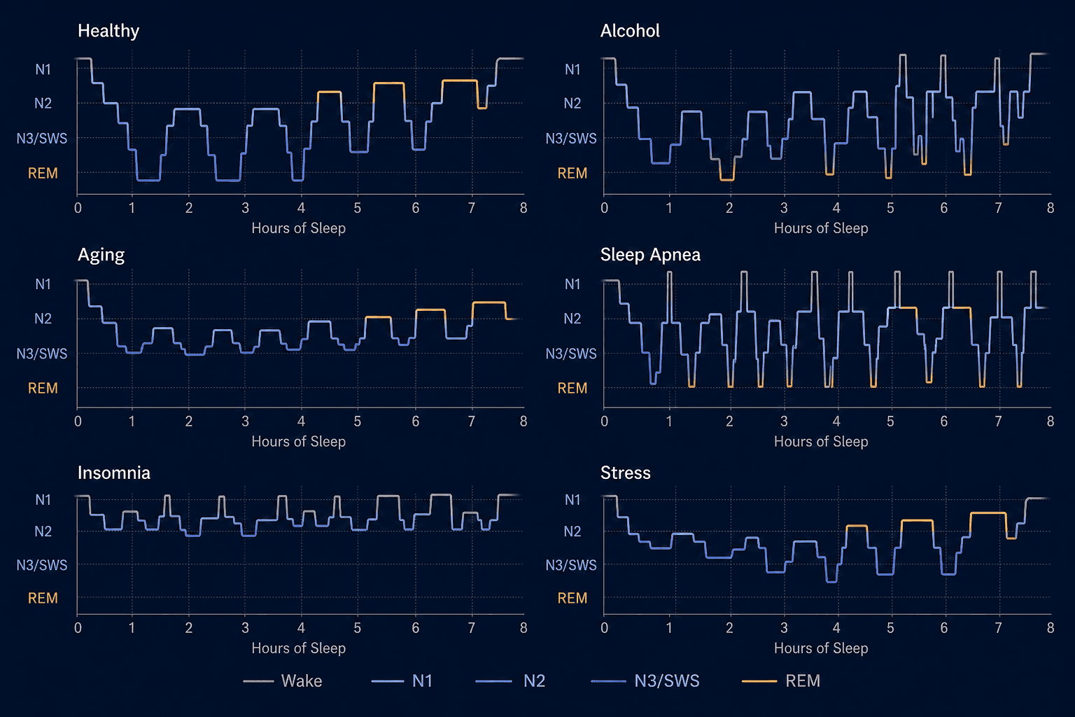 Six stylized sleep hypnograms on a dark navy background showing the distinct disruption patterns produced by Healthy sleep, Alcohol, Aging, Sleep Apnea, Insomnia, and Stress across an 8-hour night.