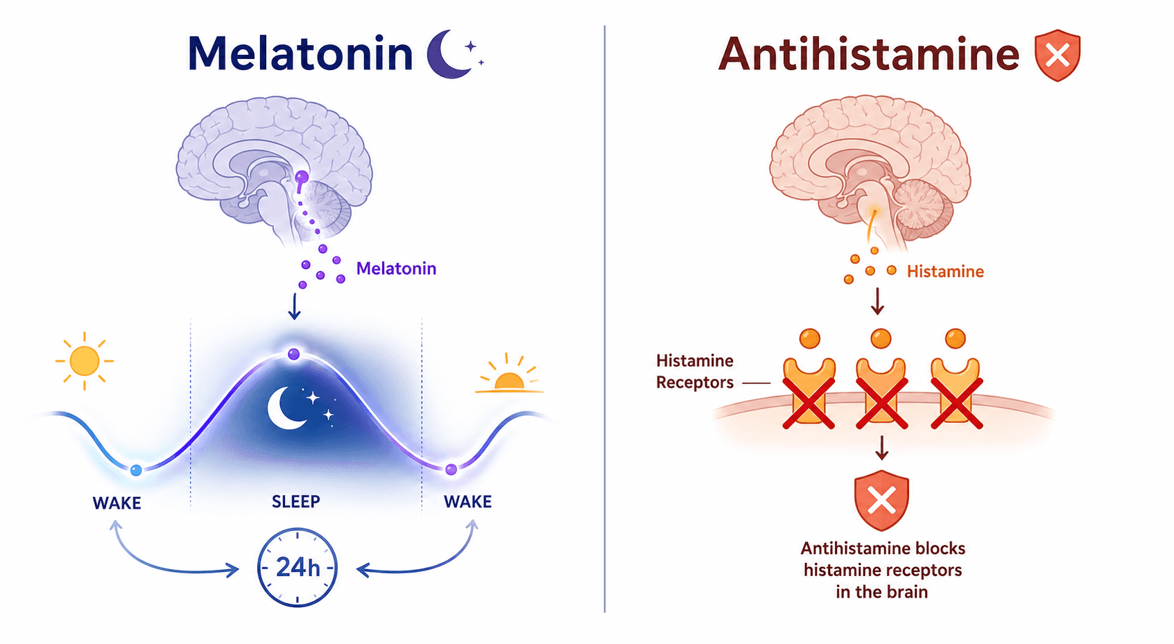 An editorial comparison diagram split into two sides: left side labeled 'Melatonin' with a brain icon and a glowing circadian rhythm wave showing natural sleep-wake signaling, right side labeled 'Antihistamine' with a brain icon and a blocking symbol showing histamine receptor inhibition, separated by a vertical divider, in cool blue-purple and warm tones, flat vector illustration style.