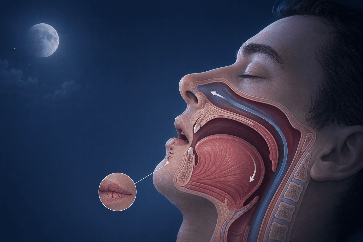 A sleeping adult face shown in profile with a subtle anatomical cross-section: the mouth is slightly open, the tongue falls backward toward the throat, a small arrow indicates reduced nasal airflow, and a cracked lip hints at dry mouth.