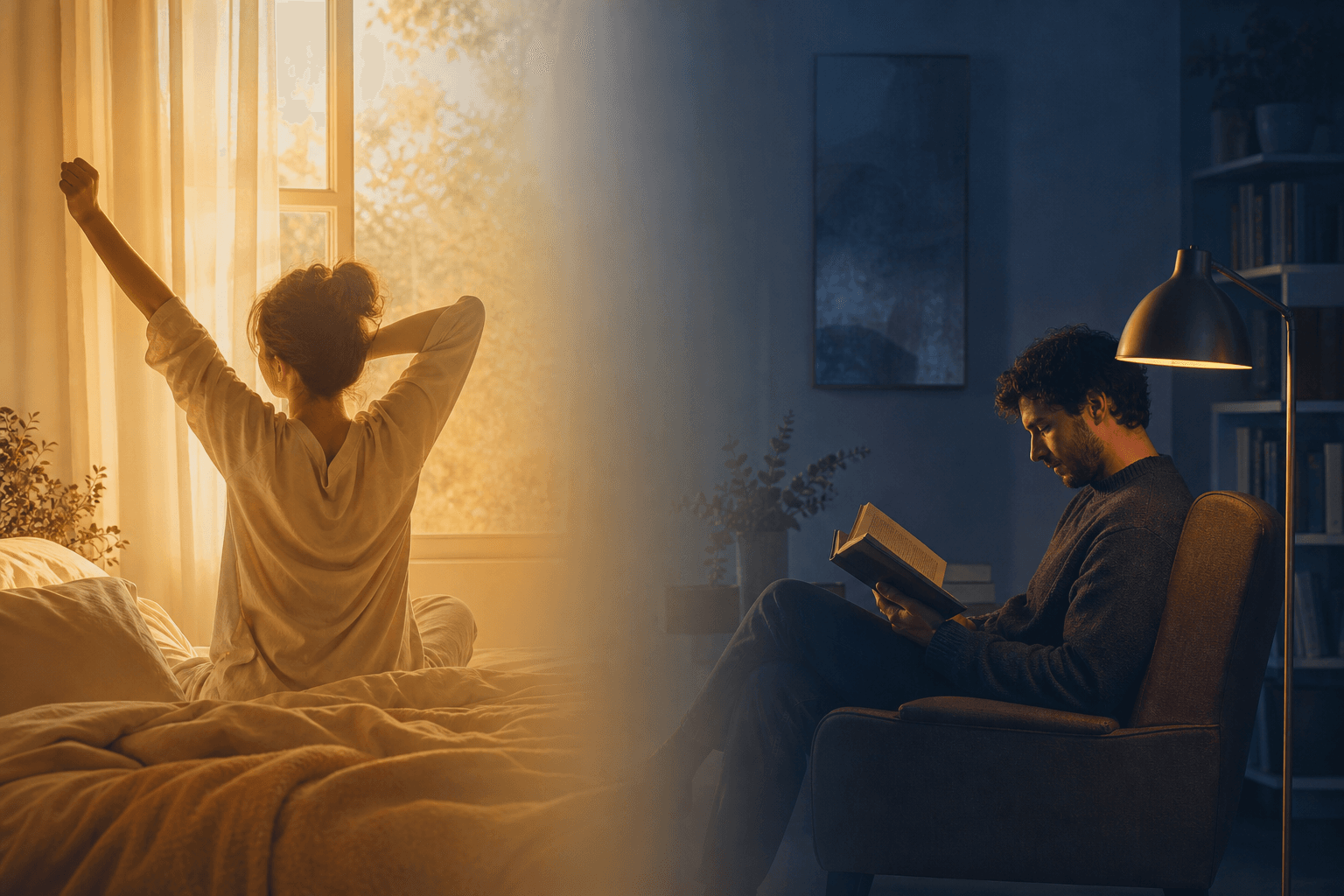 A split composition blending a warm morning scene of someone waking in golden light with a calm evening scene of someone reading under a soft lamp, the two halves merging through a gentle gradient.