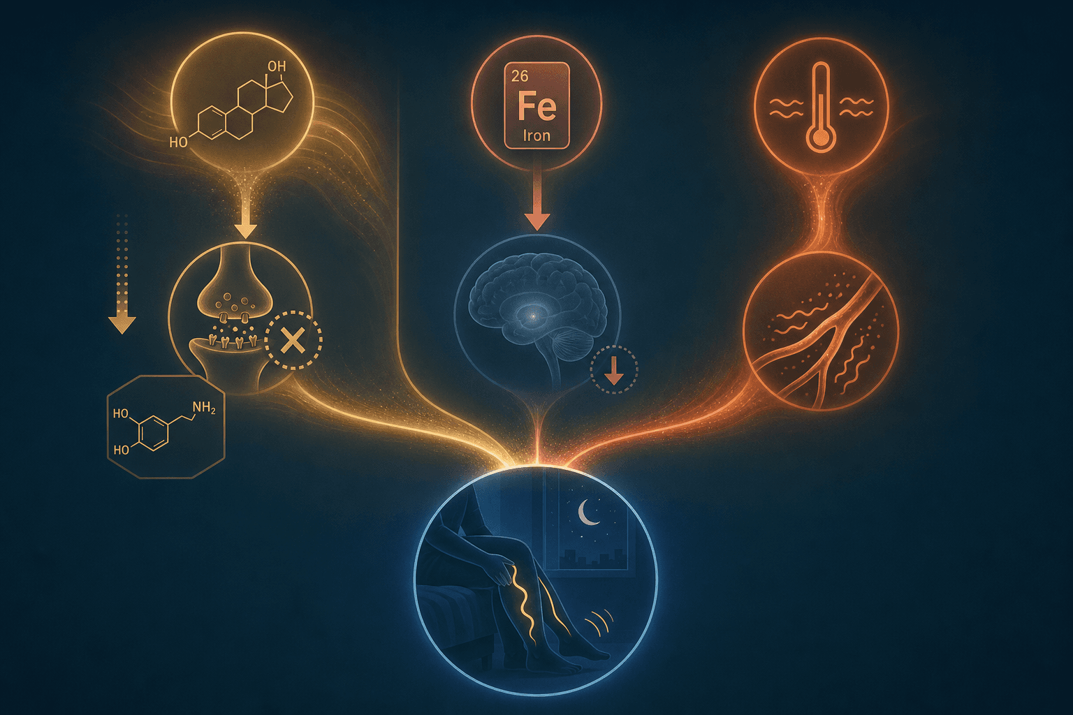 Editorial diagram showing three glowing pathways β estrogen-to-dopamine disruption, low iron to diminished brain dopamine, and vasomotor heat disruption β converging into a central restless leg at night.