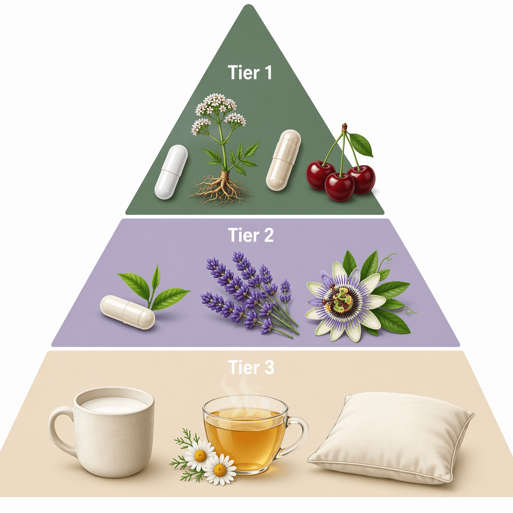 A three-tier evidence pyramid with Tier 1 at the top showing melatonin, valerian, magnesium, and cherries; Tier 2 in the middle showing L-theanine, lavender, and passionflower; Tier 3 at the bottom showing warm milk, chamomile tea, and a pillow.
