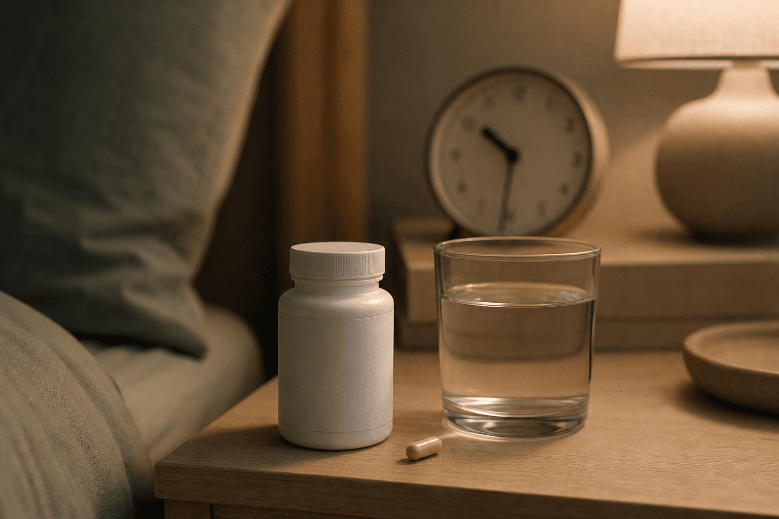 A minimalist nightstand scene with a supplement bottle, single capsule, glass of water, and softly blurred clock showing 10:30 PM in warm ambient light.