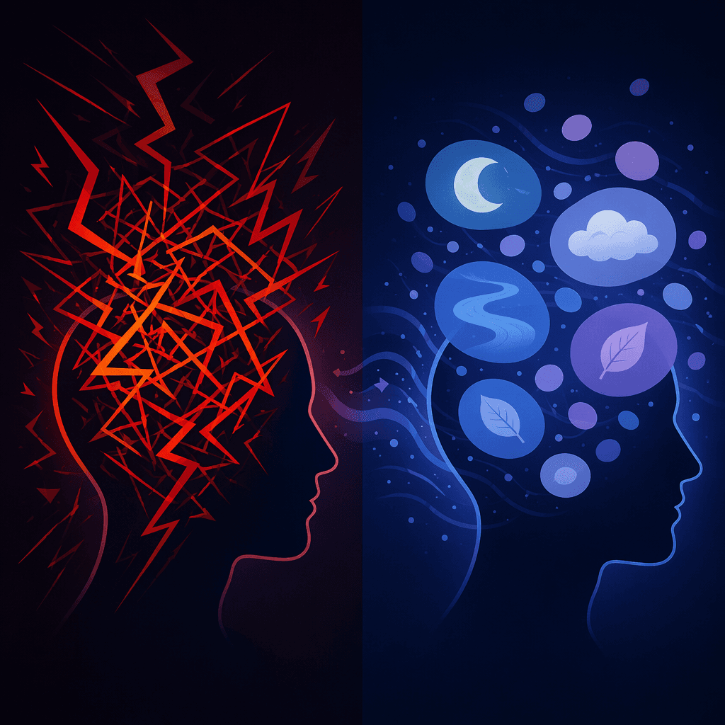 A split silhouette comparison of two mental states. On the left, a head silhouette filled with harsh tight angular red and orange zigzag lines representing a racing anxious mind. On the right, the same silhouette filled with soft floating blue and lavender word bubbles representing the calm state during cognitive shuffling.