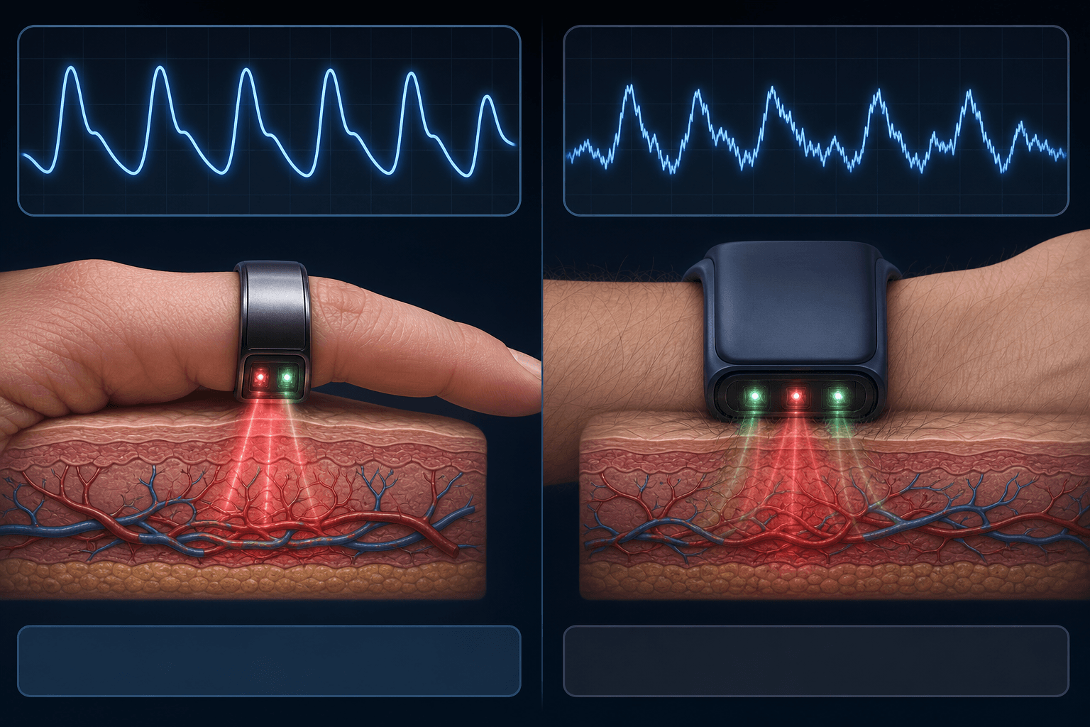 Scientific illustration comparing a clean PPG waveform above a finger with a ring sensor versus a noisier, more irregular waveform above a wrist with a band sensor, on a dark background.
