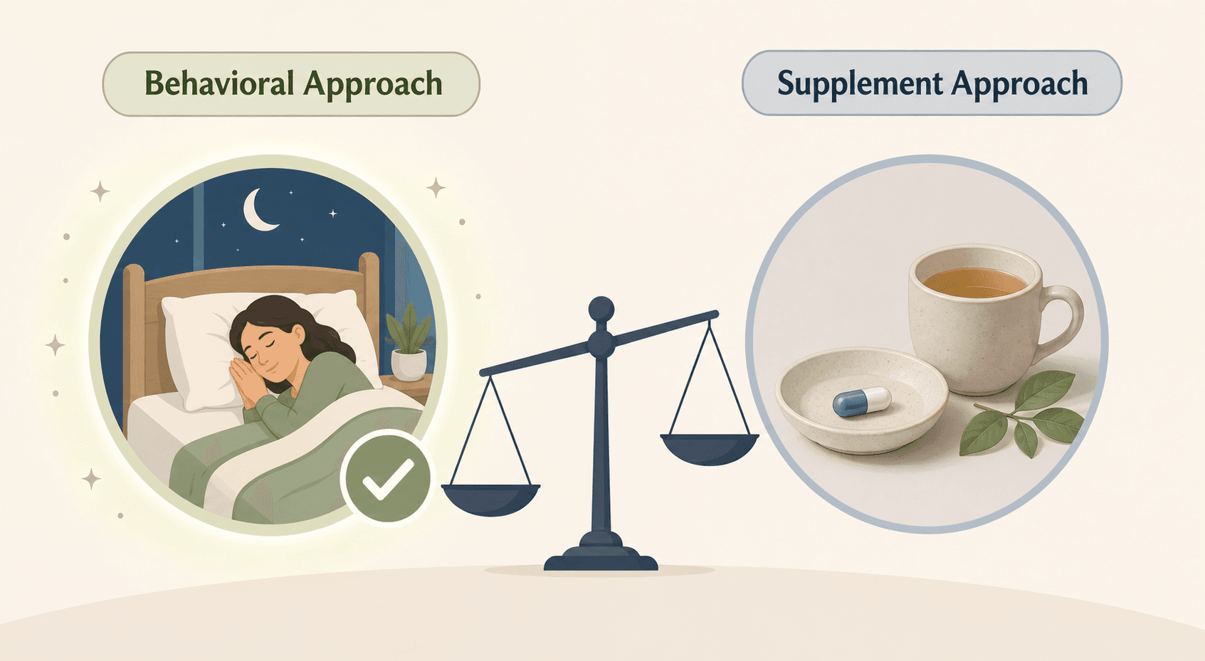 A comparison visual showing a behavioral approach on the left with a sleeping person and checkmark, and a supplement approach on the right with a capsule and tea cup. A scale icon tips toward the behavioral side.