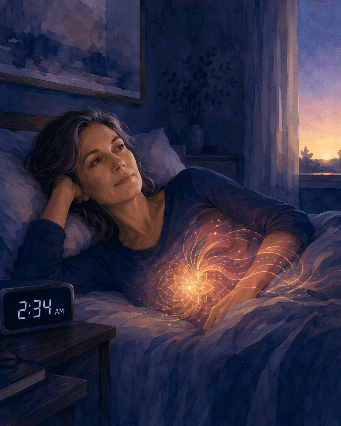 A woman in her mid-to-late 40s lies awake in a dim blue-toned bedroom at night, with a clock showing 2:34 AM on the nightstand. Subtle warm glowing flow lines near her torso suggest internal hormonal shifts.