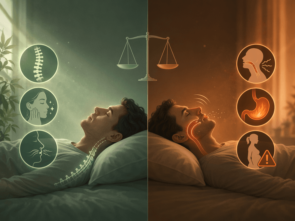 Split editorial illustration showing a peaceful back sleeper in green light with icons for spine, skin, and sinus on the left, and a back sleeper in orange light with icons for snoring, heartburn, and pregnancy caution on the right, with a balance symbol between them.