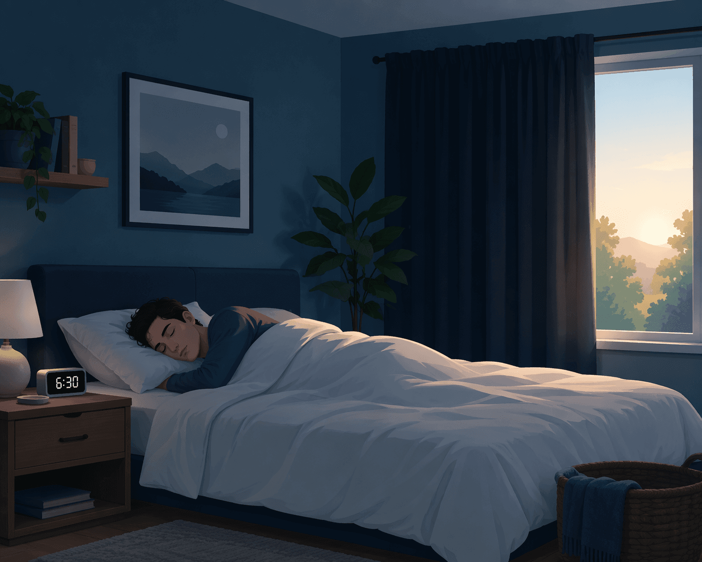 A calm bedroom scene at night with cool blue-green and deep indigo tones. A person sleeps peacefully in a comfortable bed with white sheets. Blackout curtains are drawn, a digital clock shows a consistent time, and soft morning light filters through a window.