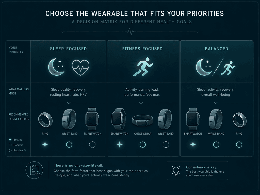 A decision matrix visual on a dark teal background showing three reader priority paths: 'Sleep-Focused' with moon and heart rate icons, 'Fitness-Focused' with a running figure icon, and 'Balanced' with a combined sleep and activity icon. Minimal iconography below each heading representing recommended wearable form factors. Clean grid layout with slate blue tones. Editorial health publication style.