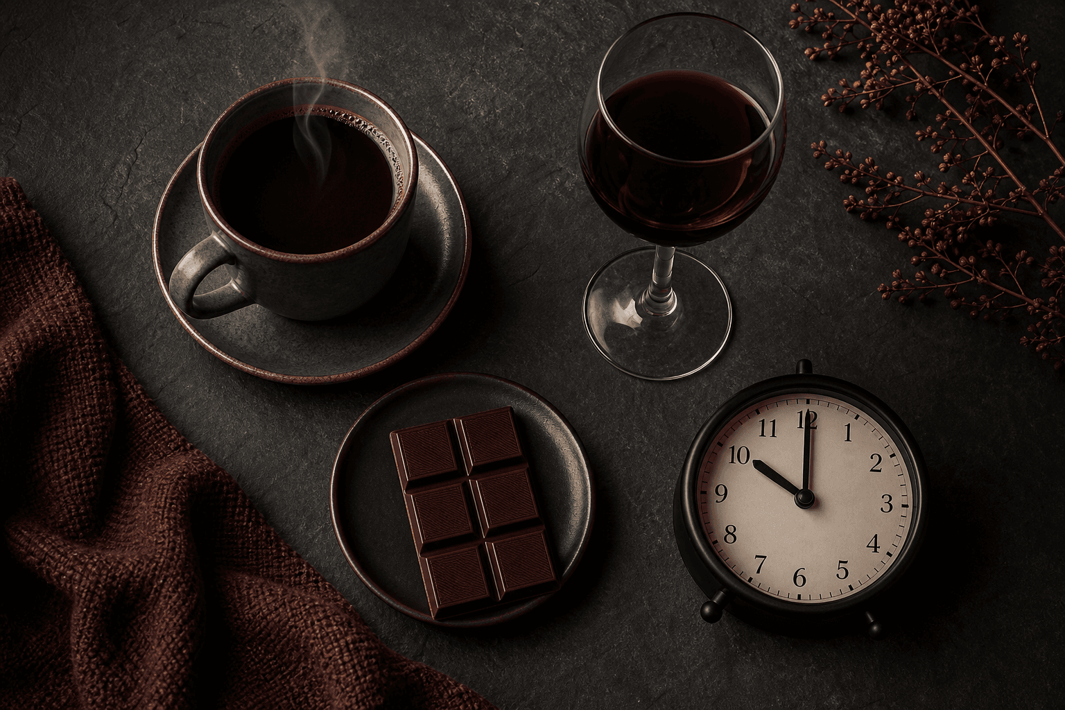 A dimly lit flat-lay on a dark slate surface showing items to avoid near bedtime: a steaming coffee cup, a glass of red wine, a dark chocolate bar, and a clock showing 10 PM.