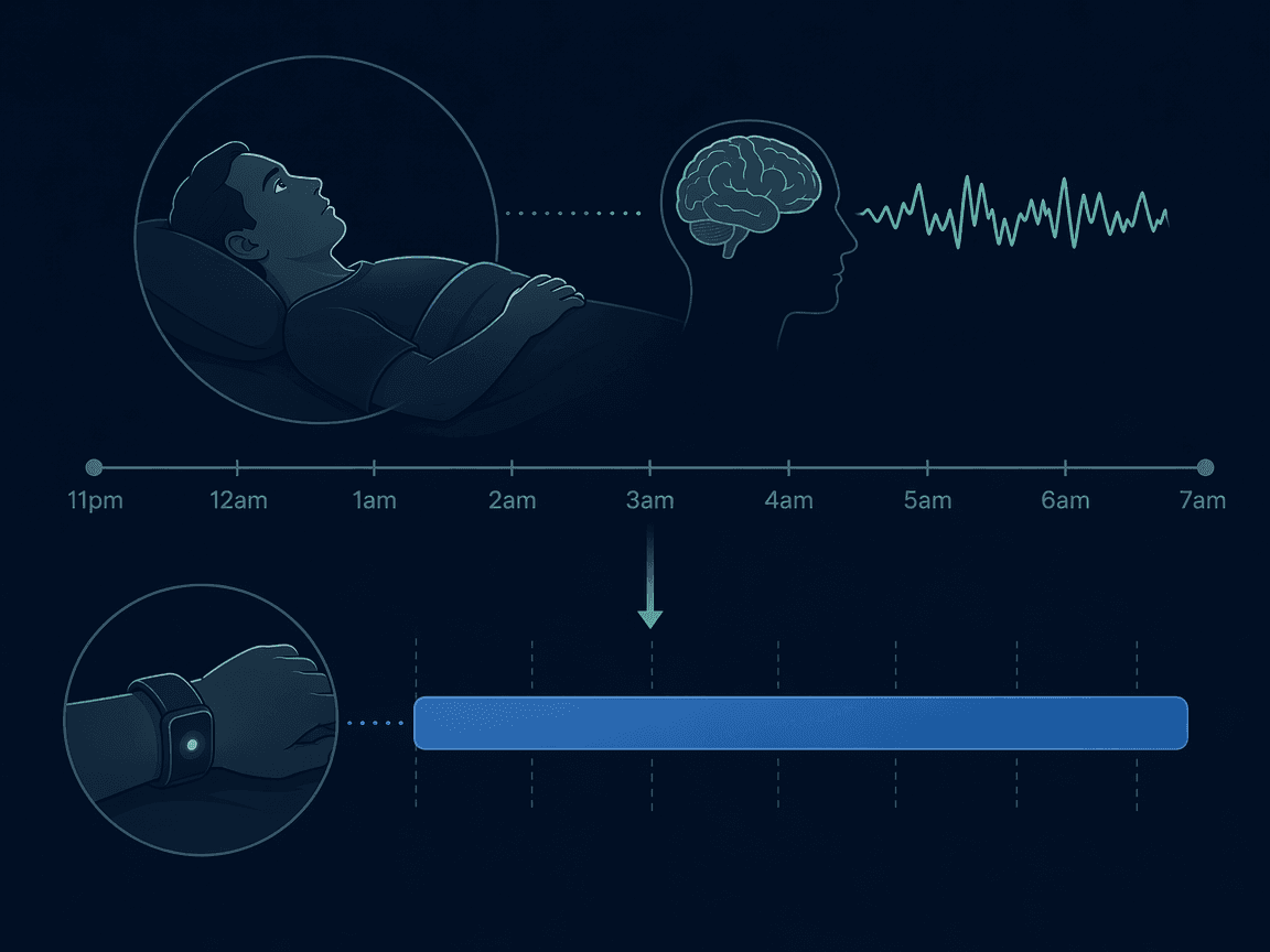 Educational timeline visual showing a person lying still with eyes open and wake brain waves on the upper track, while a lower wearable sensor icon shows the same period misclassified as light sleep, connected by an arrow across an 11pm to 7am timescale.