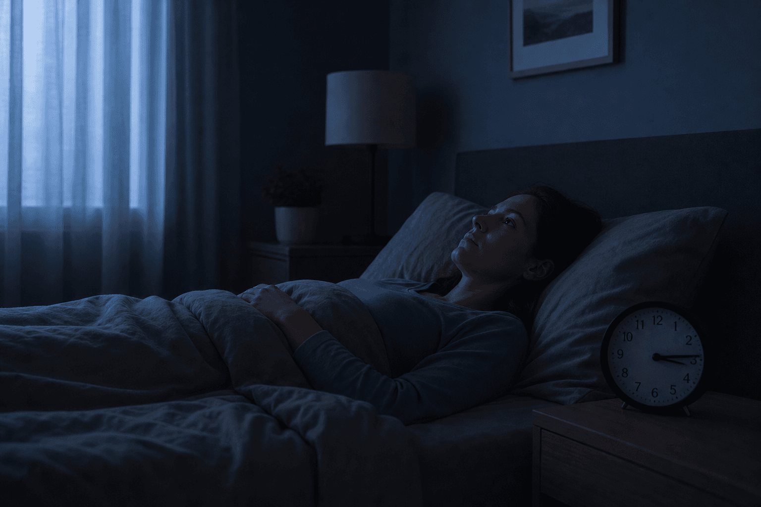 A person lying awake in a dimly lit bedroom at night, staring at the ceiling while a bedside clock reads 3:14 AM.