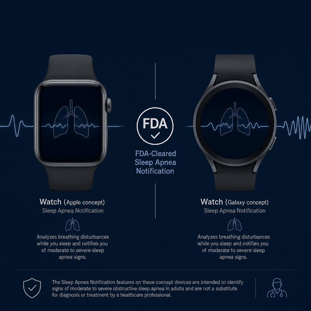 Two watch silhouettes side by side on a dark navy background with an FDA-cleared sleep apnea notification badge between them, each watch showing a subtle breathing waveform.